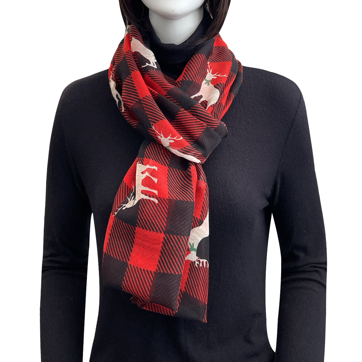 Wrapables Lightweight Winter Holiday Christmas Scarf, Reindeer Plaid Red