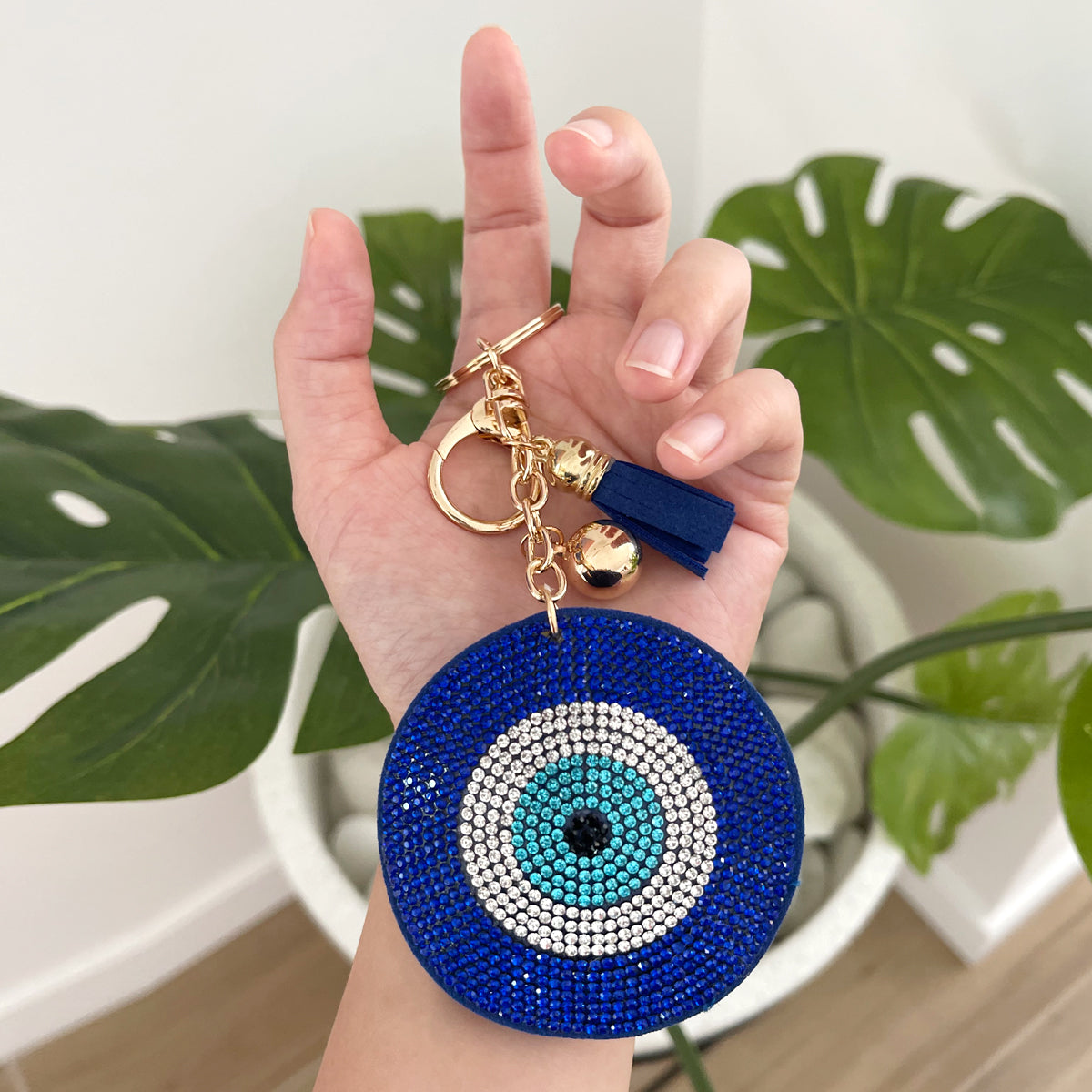 Wrapables Crystal Bling Key Chain Keyring with Tassel Car Purse Handbag Pendant, Blue Evil Eye