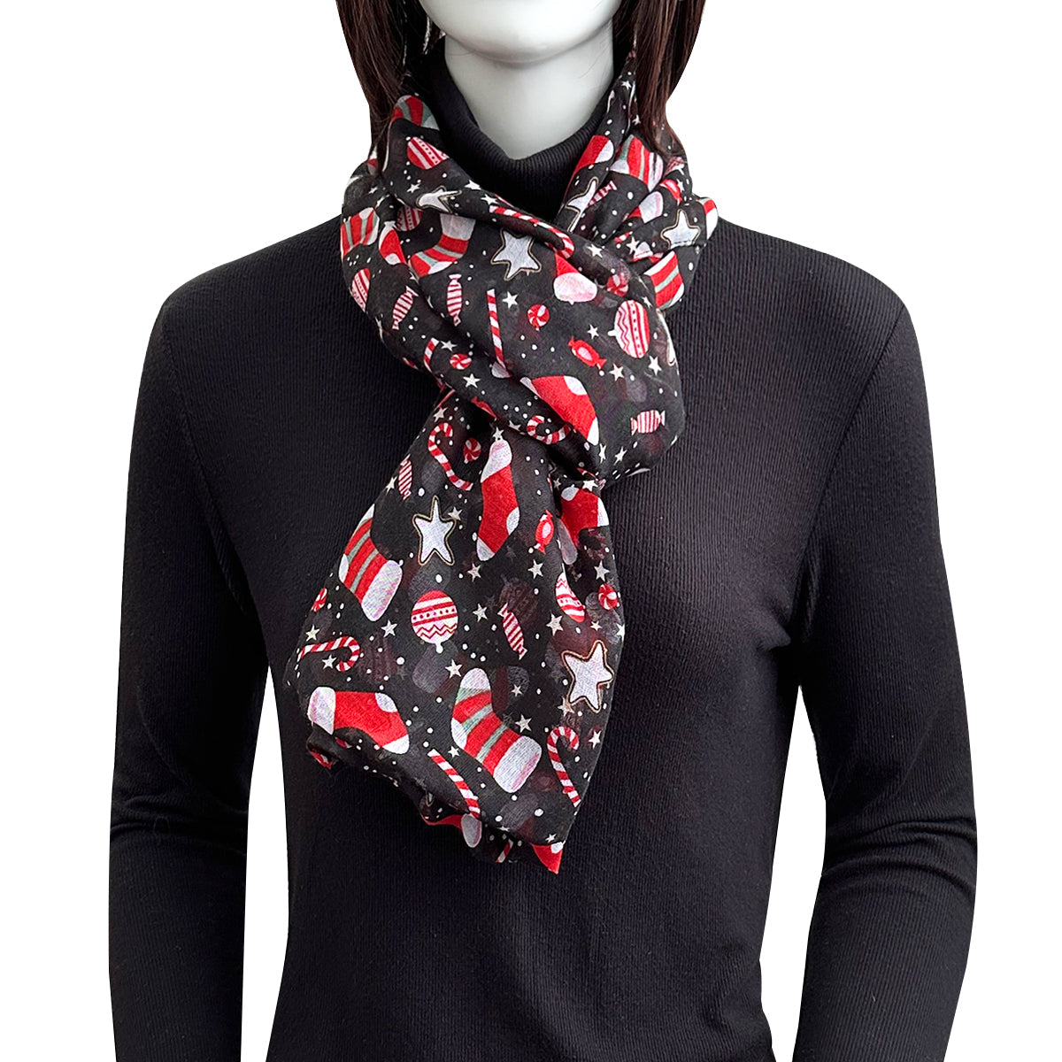 Wrapables Lightweight Winter Holiday Christmas Scarf, Stockings and Stars Black