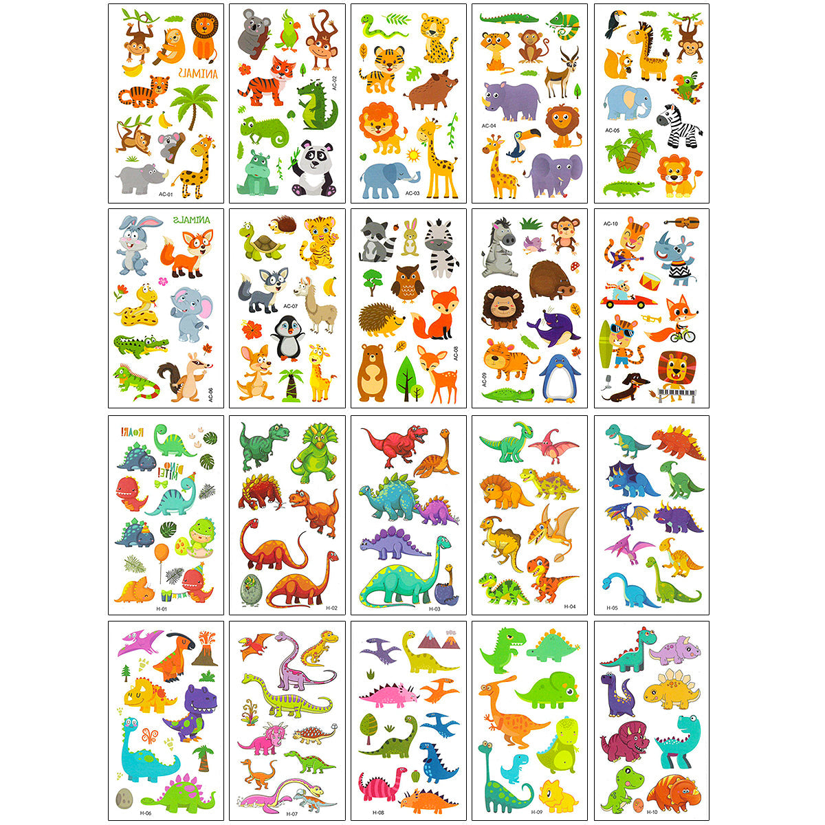 Wrapables Waterproof Temporary Tattoos for Children, 20 sheets Dinosaurs & Animals