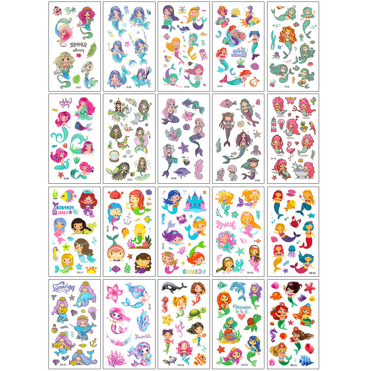 Wrapables Waterproof Temporary Tattoos for Children, 20 sheets Mermaids