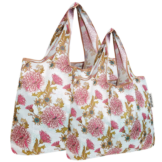 Wrapables Nylon Reusable Shopping Bags, Foldable Shopping Tote Bags, Reusable Grocery Bags, Travel Bags LS (set of 2), Set of 2, Vintage Chrysanthemums