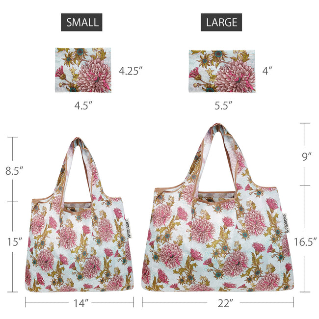 Wrapables Nylon Reusable Shopping Bags, Foldable Shopping Tote Bags, Reusable Grocery Bags, Travel Bags LS (set of 2), Set of 2, Vintage Chrysanthemums