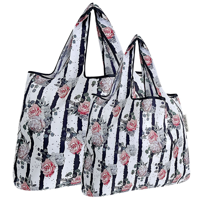 Wrapables Nylon Reusable Shopping Bags, Foldable Shopping Tote Bags, Reusable Grocery Bags, Travel Bags LS (set of 2), Set of 2, Roses on Blue