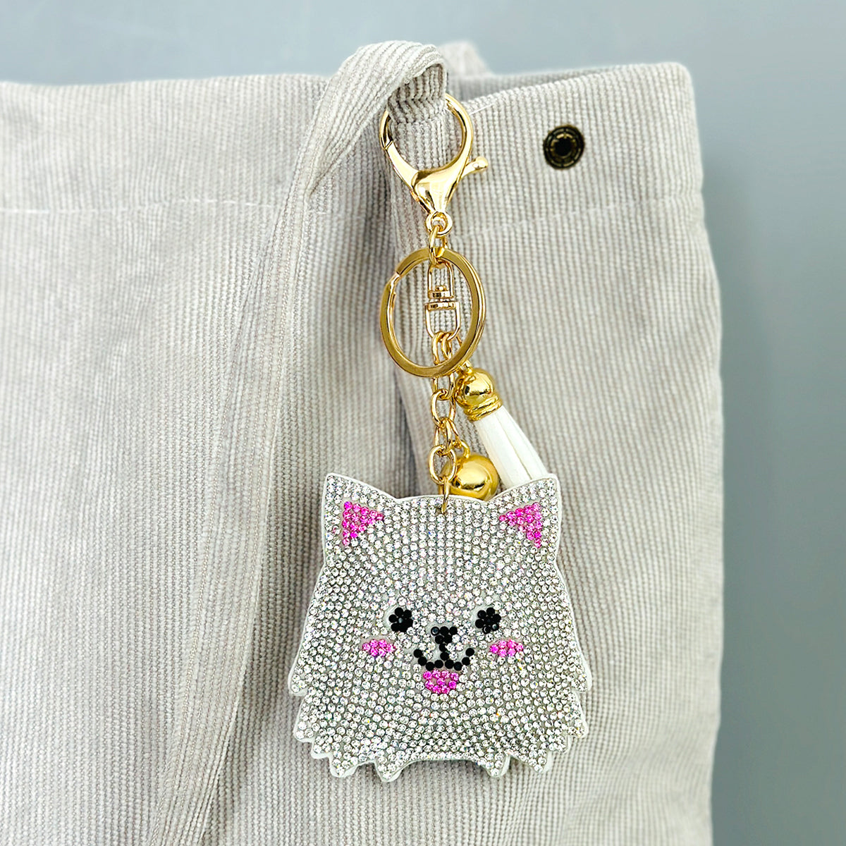 Wrapables Crystal Bling Key Chain Keyring with Tassel Car Purse Handbag Pendant, White Kitty