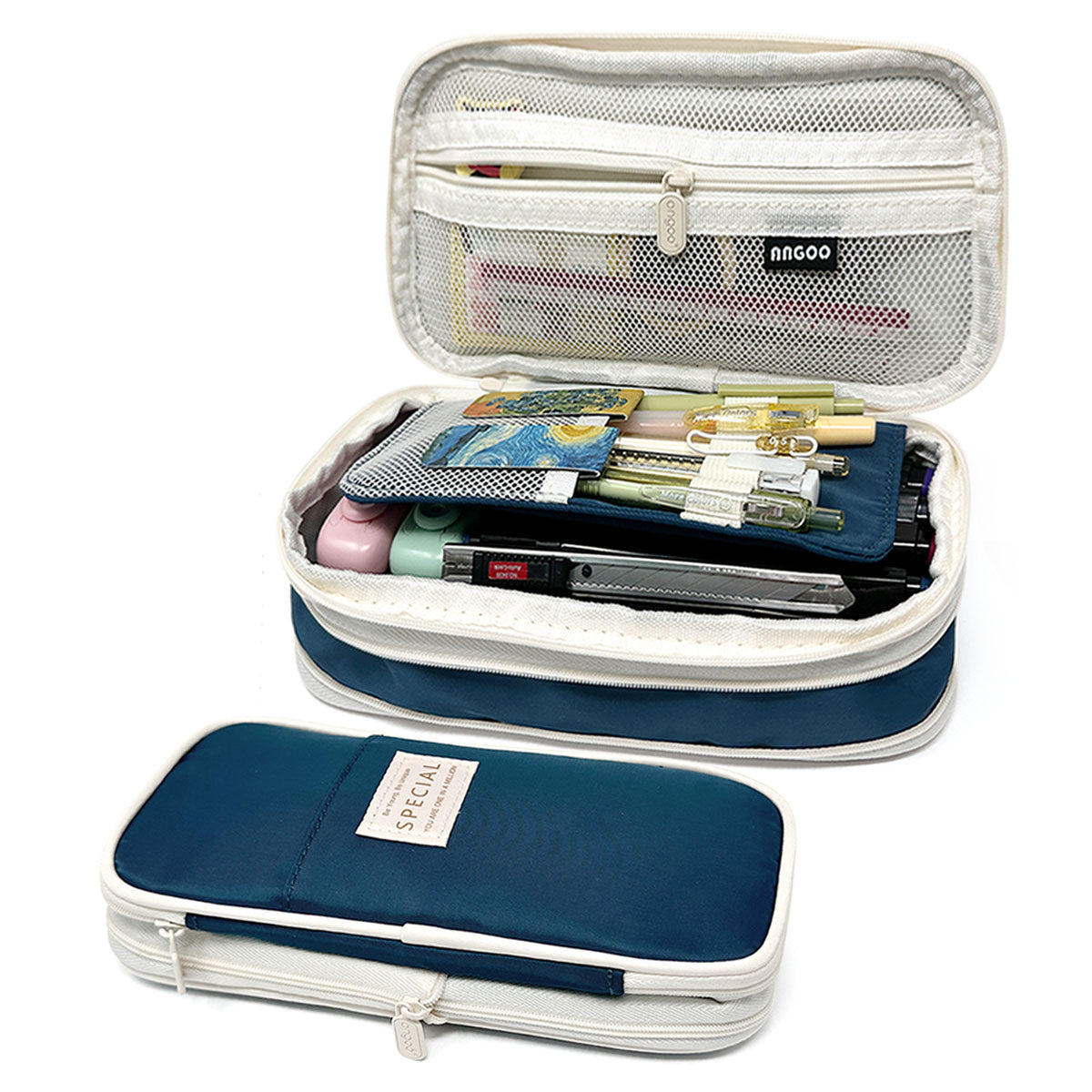 Wrapables Large Capacity Pencil Case, Expandable Pencil Pouch for Stationery Tools, Navy