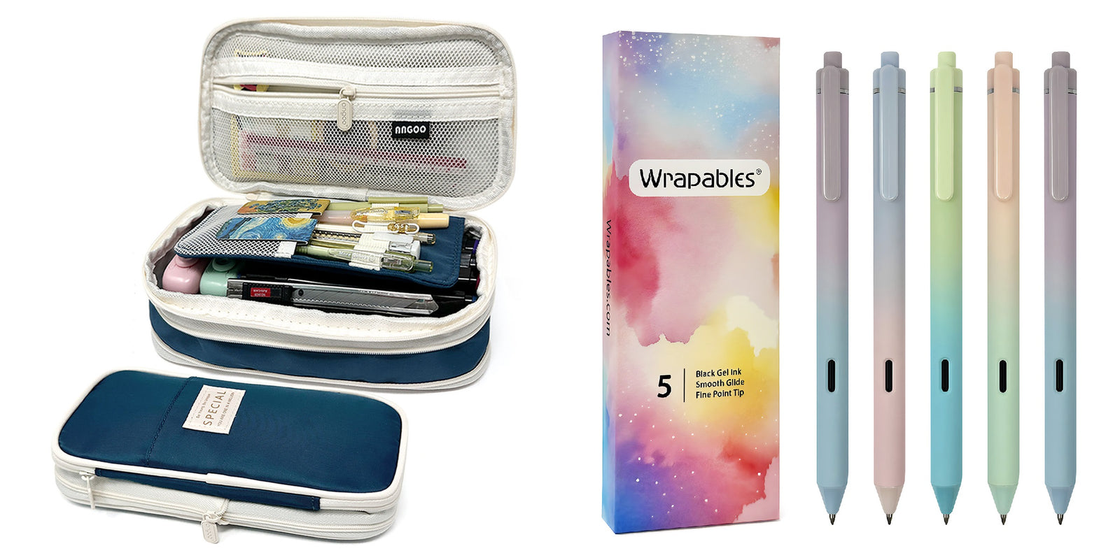 Wrapables Large Capacity Pencil Case, Expandable Pencil Pouch with Silent Retractable Gel Pen Set