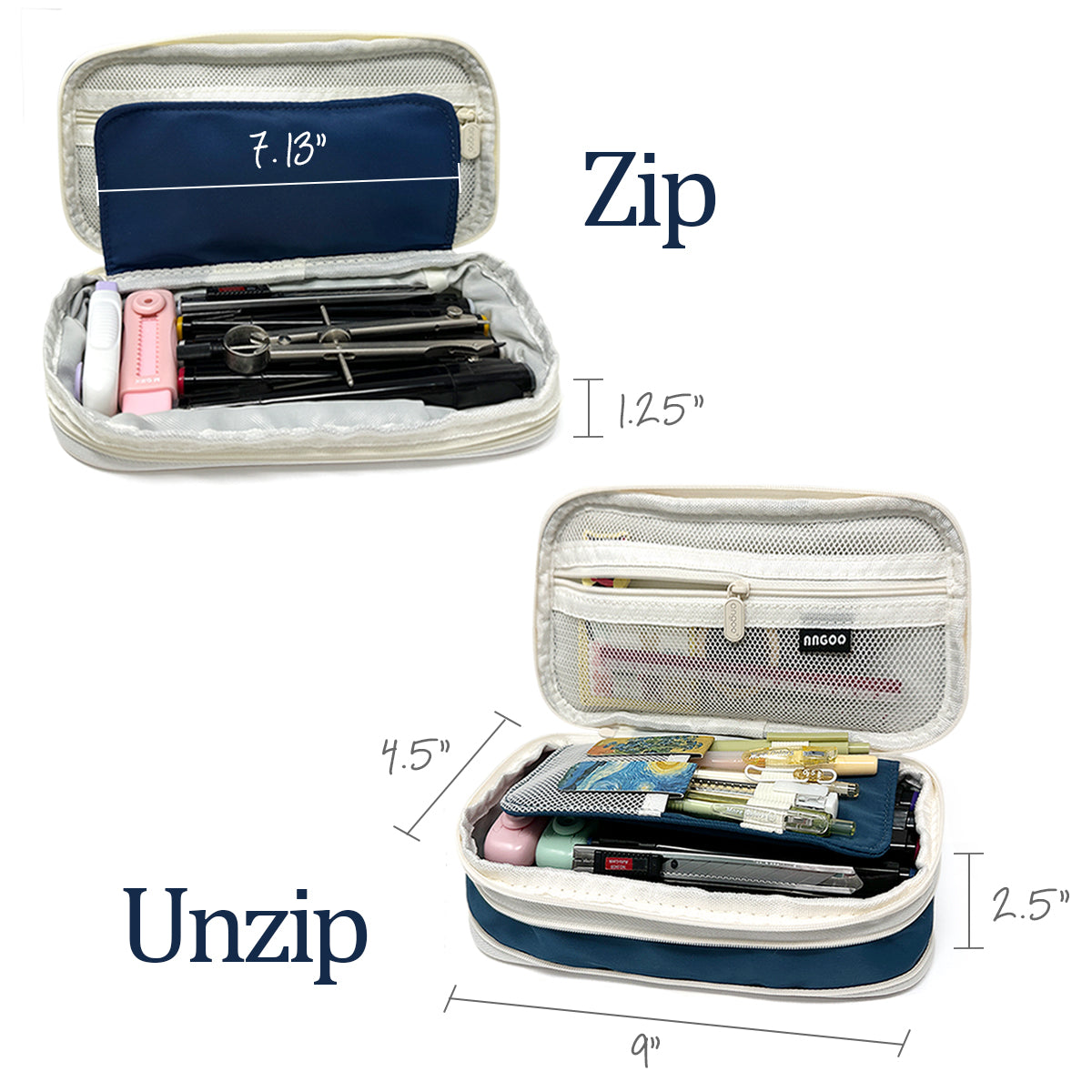 Wrapables Large Capacity Pencil Case, Expandable Pencil Pouch for Stationery Tools, Navy