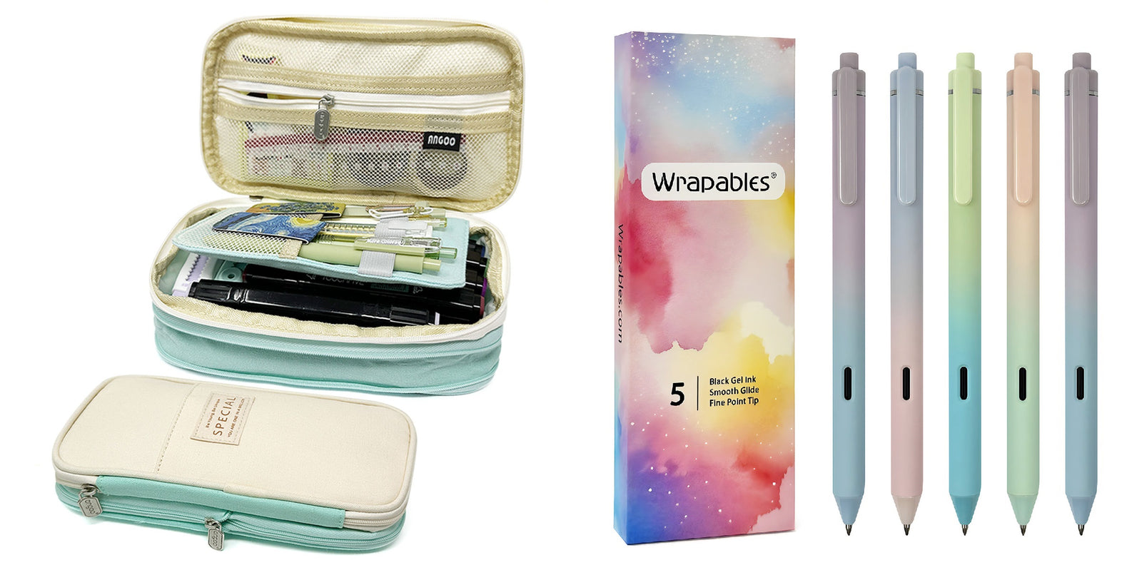 Wrapables Large Capacity Pencil Case, Expandable Pencil Pouch with Silent Retractable Gel Pen Set