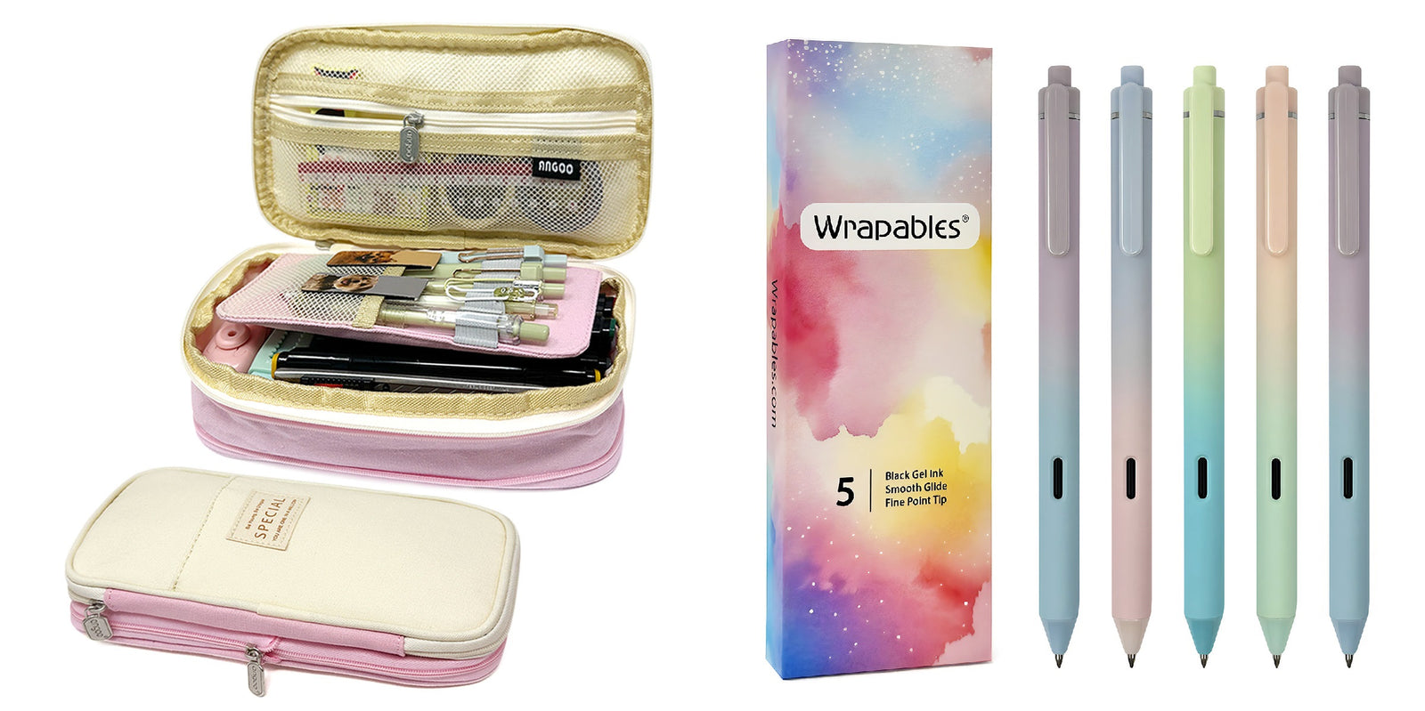 Wrapables Large Capacity Pencil Case, Expandable Pencil Pouch with Silent Retractable Gel Pen Set