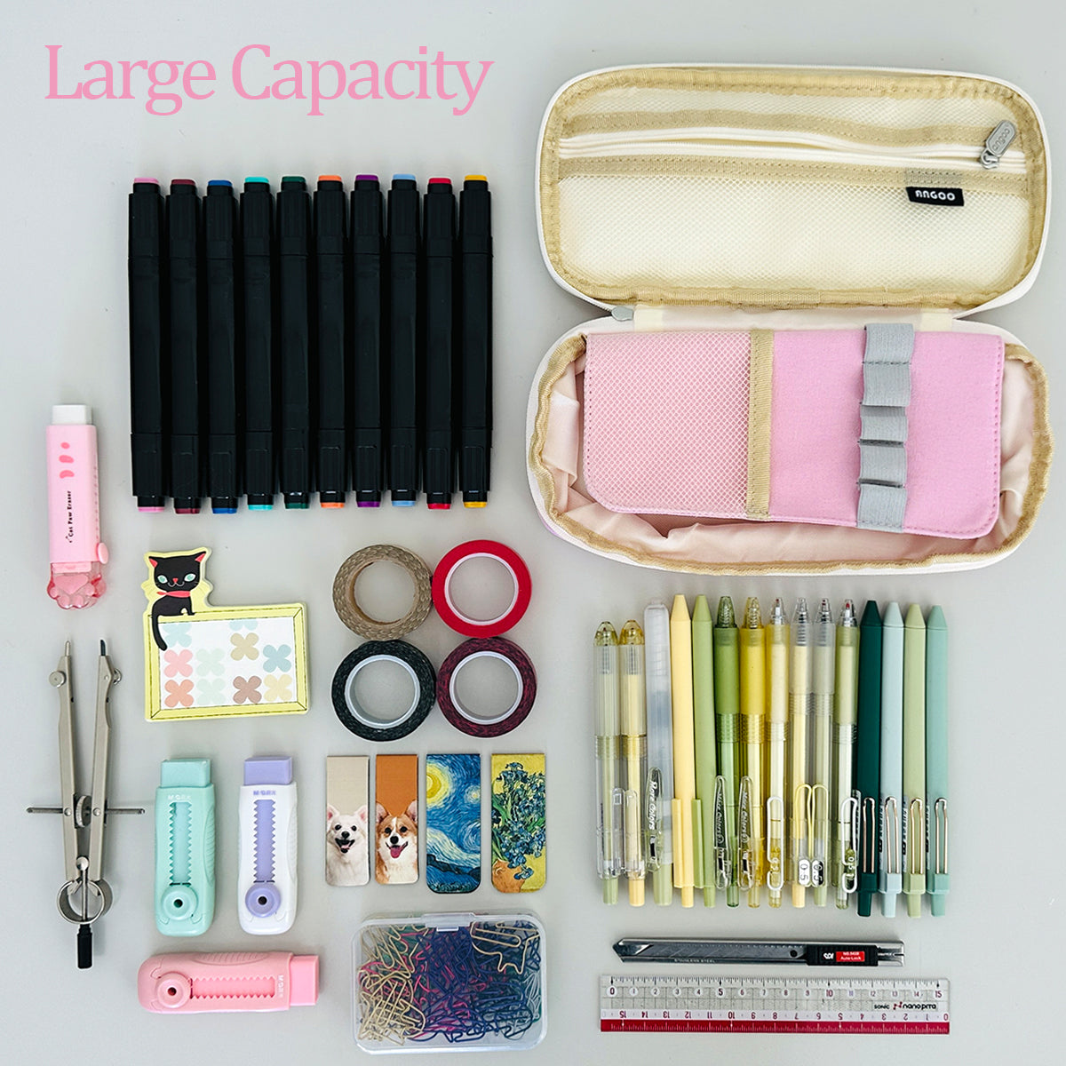 Wrapables Large Capacity Pencil Case, Expandable Pencil Pouch for Stationery Tools, Pink