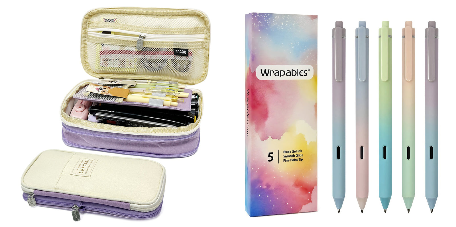 Wrapables Large Capacity Pencil Case, Expandable Pencil Pouch with Silent Retractable Gel Pen Set