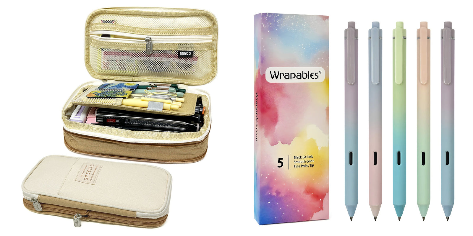 Wrapables Large Capacity Pencil Case, Expandable Pencil Pouch with Silent Retractable Gel Pen Set