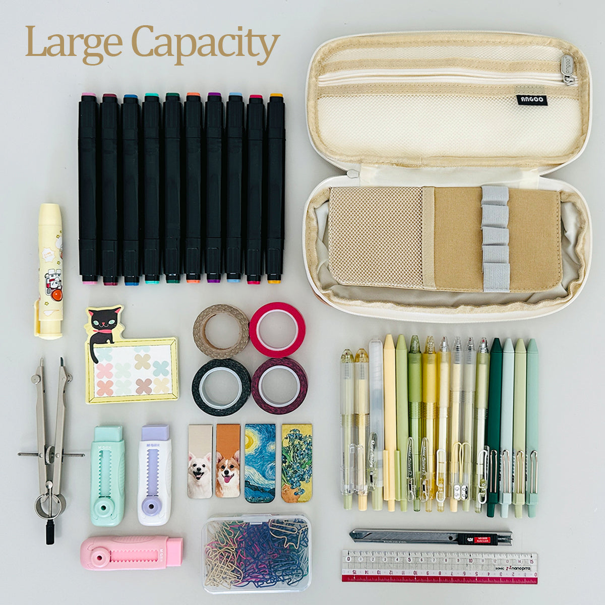 Wrapables Large Capacity Pencil Case, Expandable Pencil Pouch for Stationery Tools, Khaki