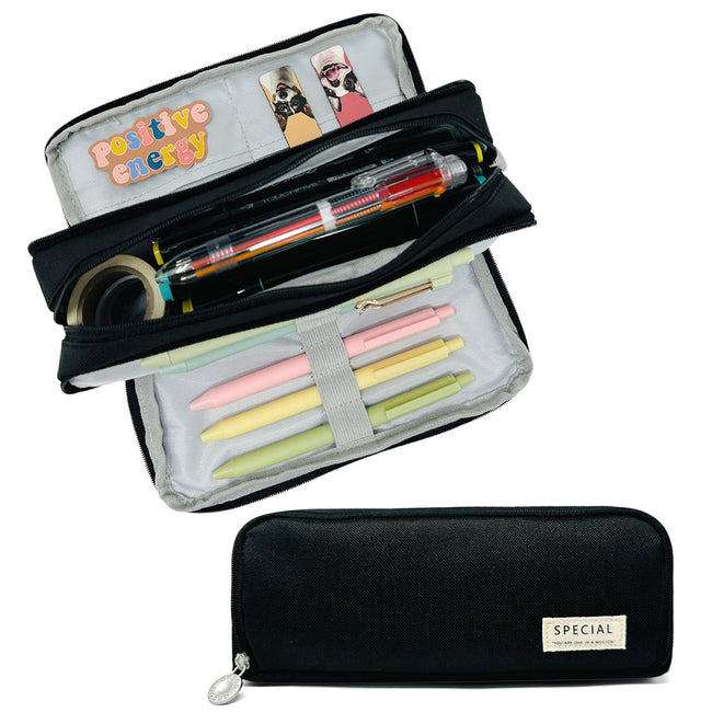 Wrapables Large Capacity Pencil Case, 3 Compartment Pencil Pouch for Stationery Pens, Black