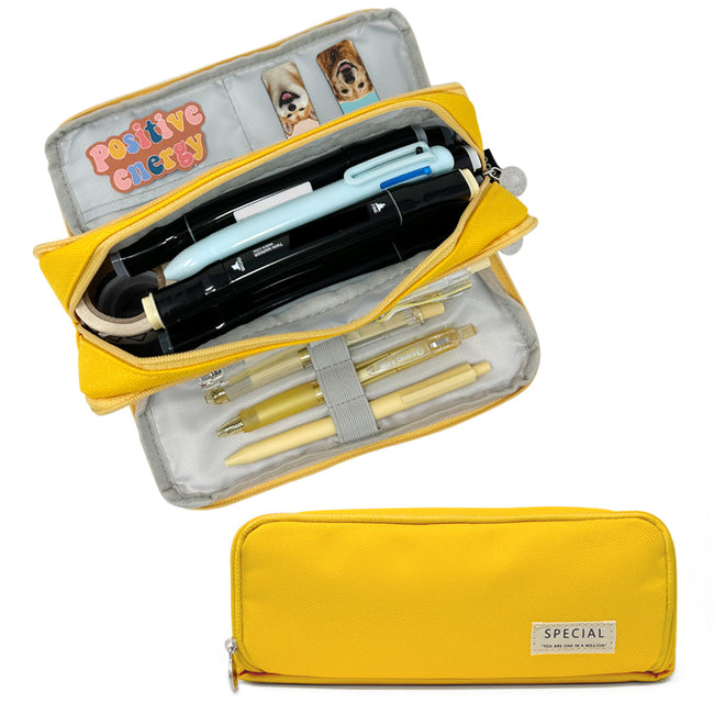 Wrapables Large Capacity Pencil Case, 3 Compartment Pencil Pouch for Stationery Pens, Yellow