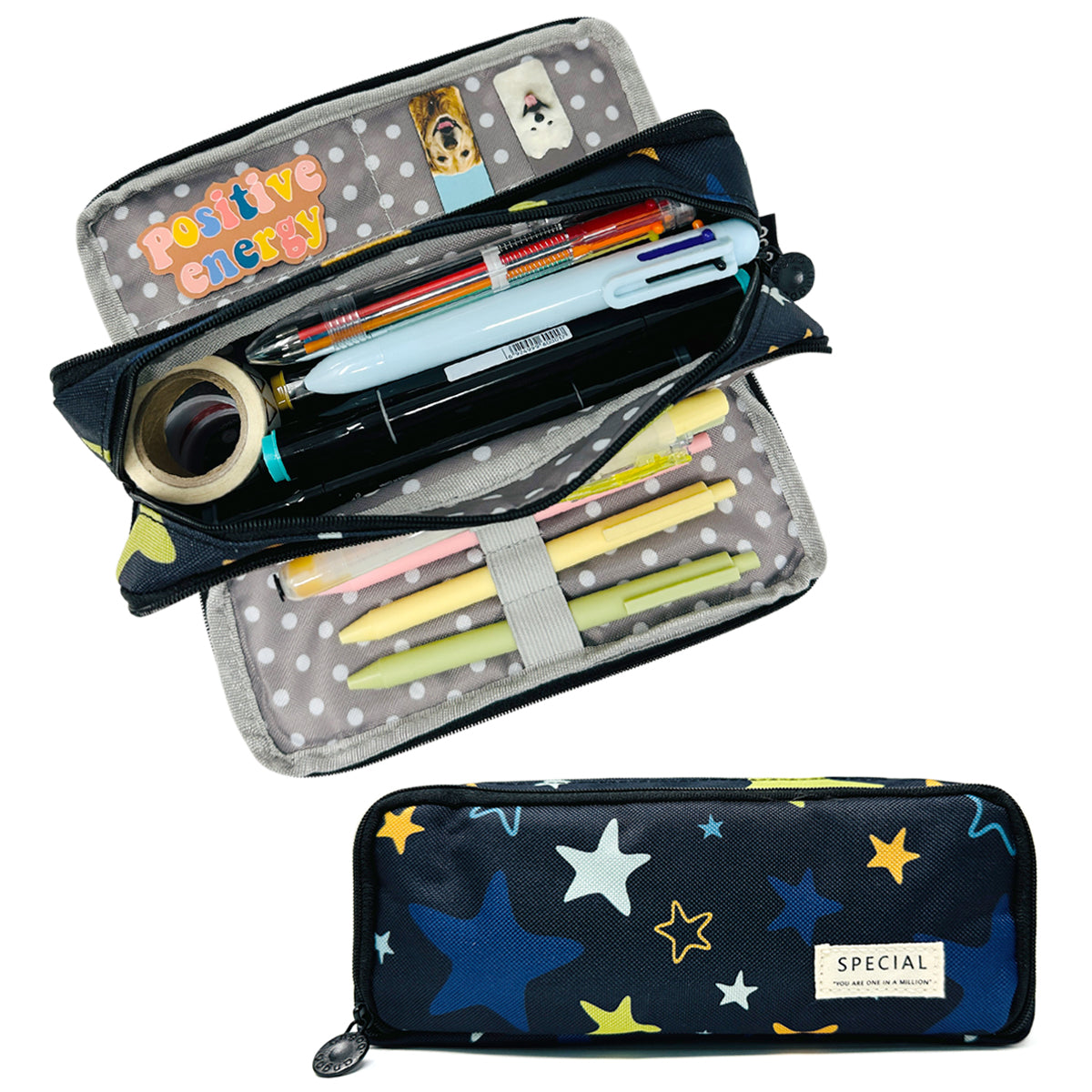 Wrapables Large Capacity Pencil Case, 3 Compartment Pencil Pouch for Stationery Pens, Stars