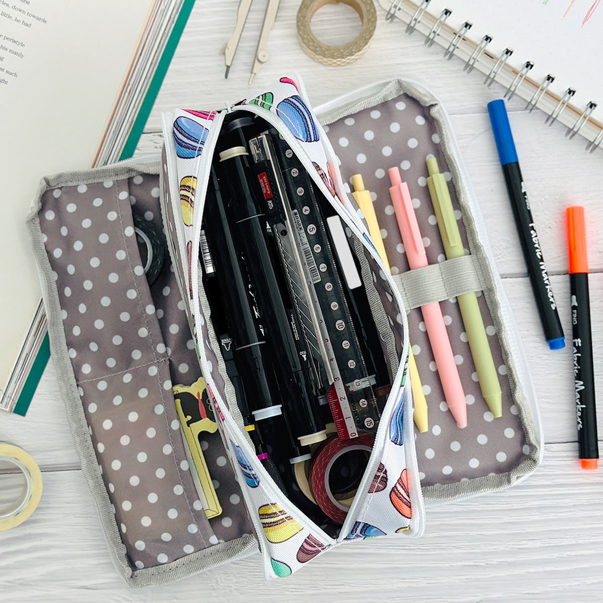 Wrapables Large Capacity Pencil Case, 3 Compartment Pencil Pouch for Stationery Pens, Macarons