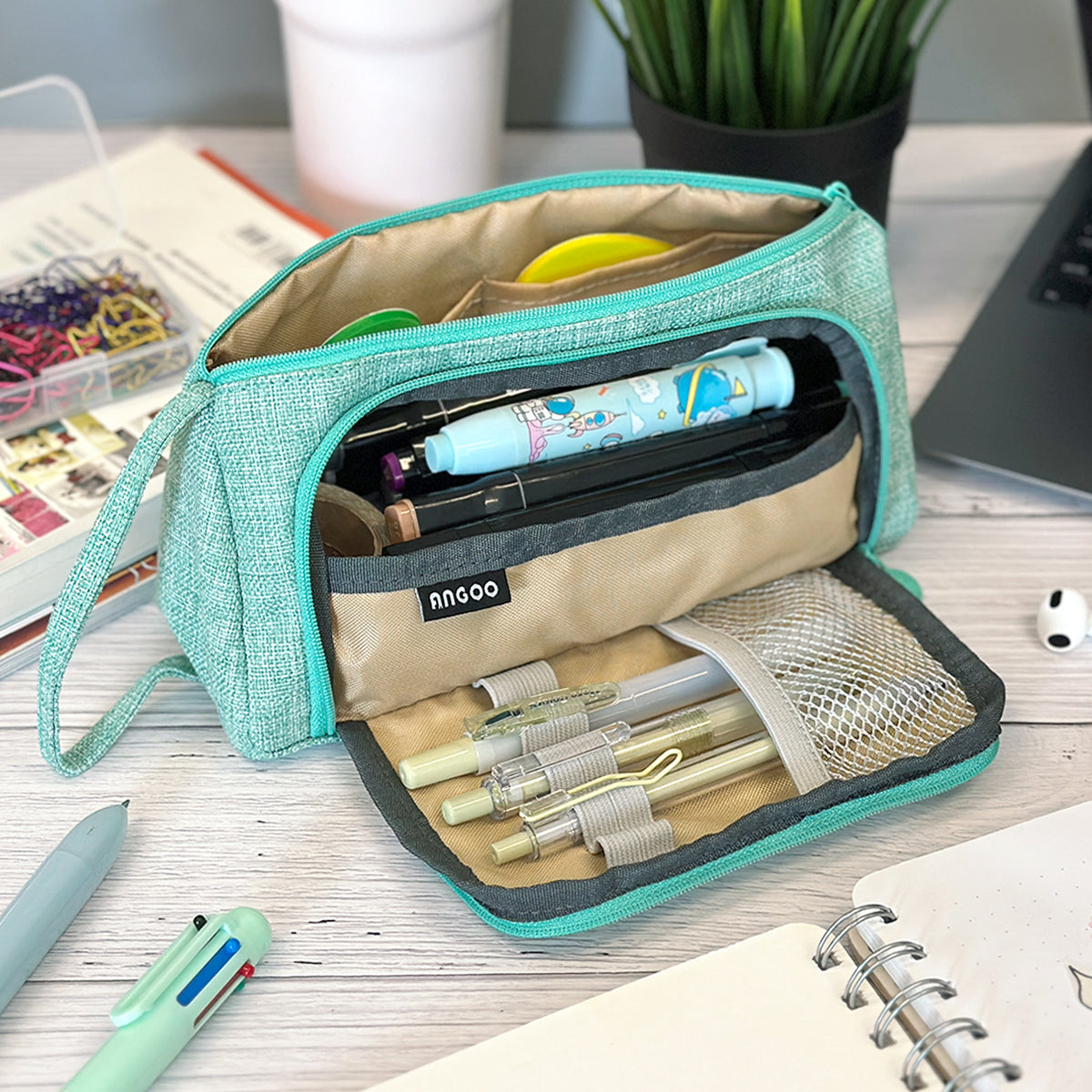 Wrapables Large Capacity Pencil Case, Portable Pencil Pouch for Stationery Office Supplies, Green