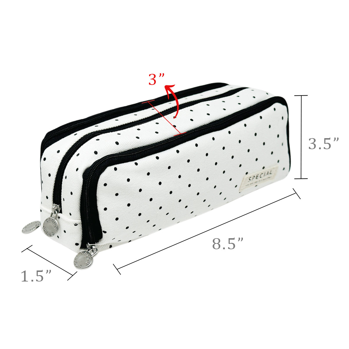 Wrapables Large Capacity Pencil Case, 3 Compartment Pencil Pouch for Stationery Pens, Black Dots