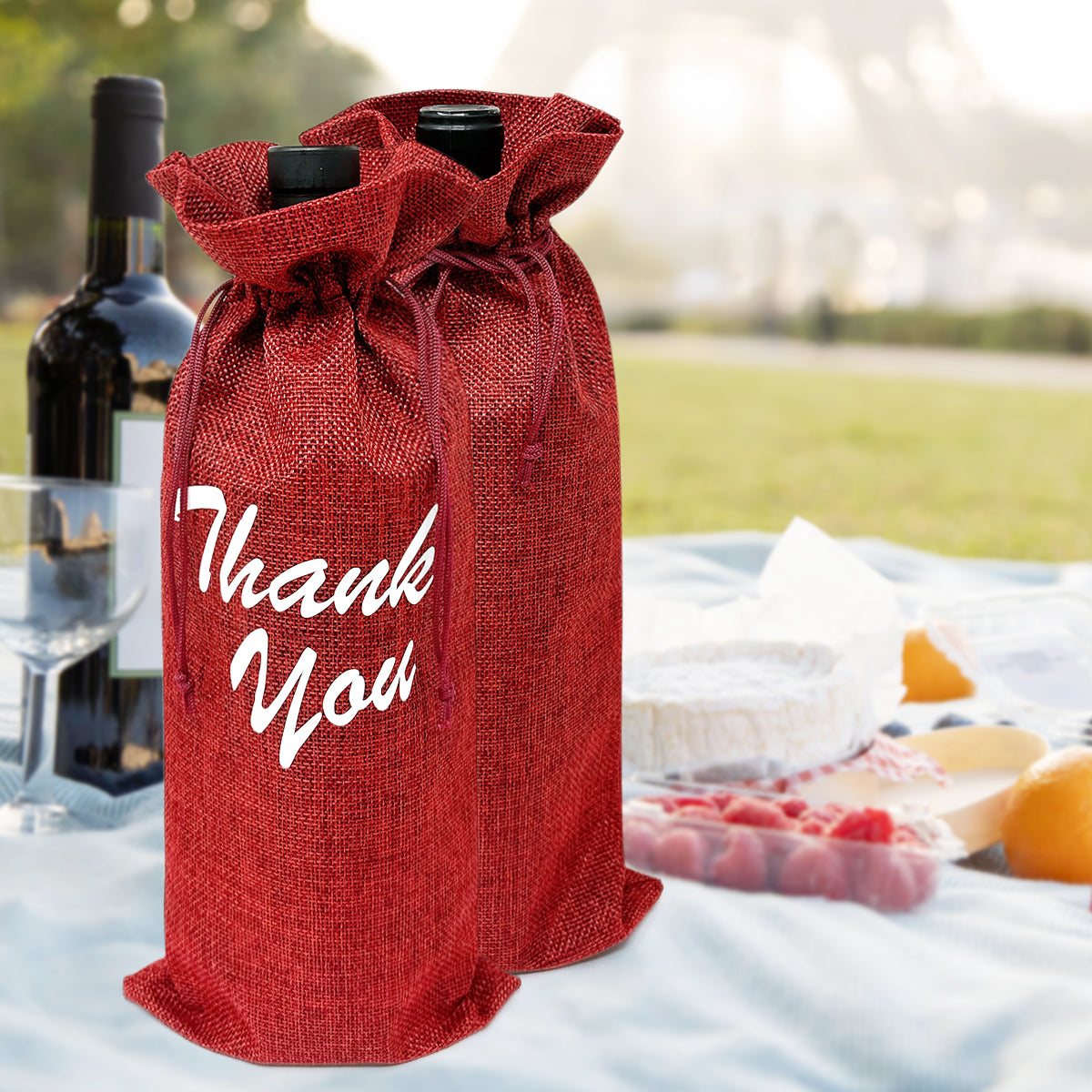 Wrapables Reusable Burlap Wine Bags, Rustic Gift Bags with Drawstring (Set of 8), Burgundy