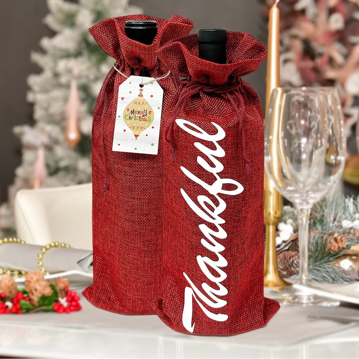 Wrapables Reusable Burlap Wine Bags, Rustic Gift Bags with Drawstring (Set of 8), Burgundy