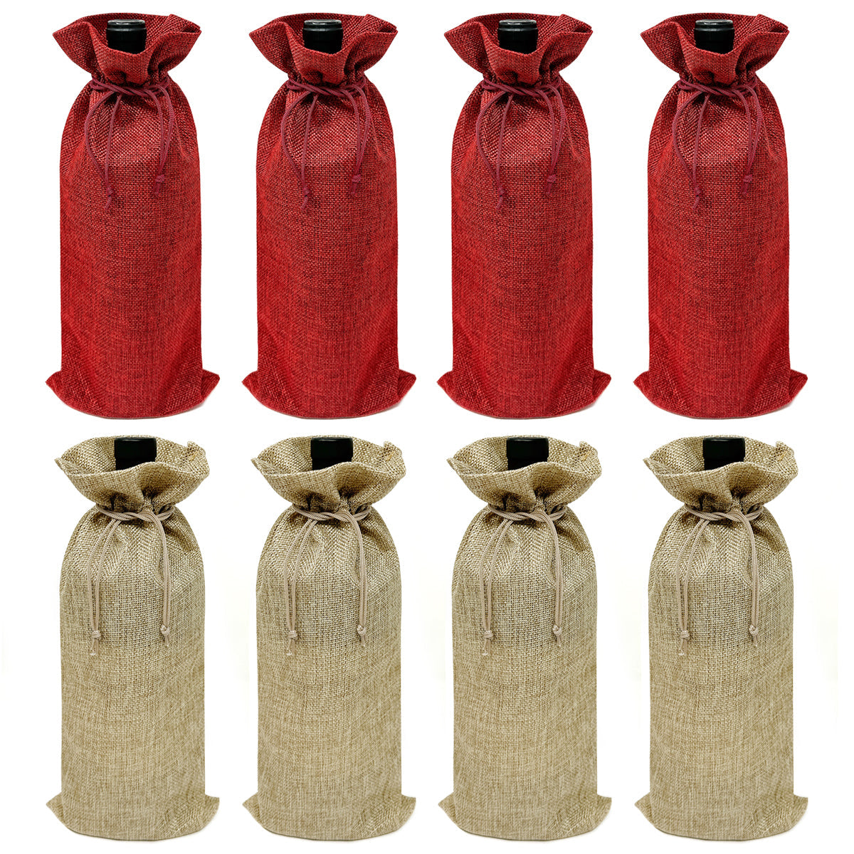 Wrapables Reusable Burlap Wine Bags, Rustic Gift Bags with Drawstring (Set of 8), Burgundy & Natural