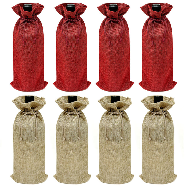 Wrapables Reusable Burlap Wine Bags, Rustic Gift Bags with Drawstring (Set of 8), Burgundy & Natural