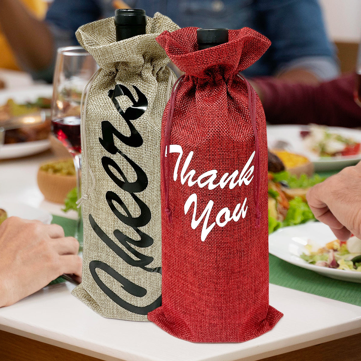 Wrapables Reusable Burlap Wine Bags, Rustic Gift Bags with Drawstring (Set of 8), Burgundy & Natural