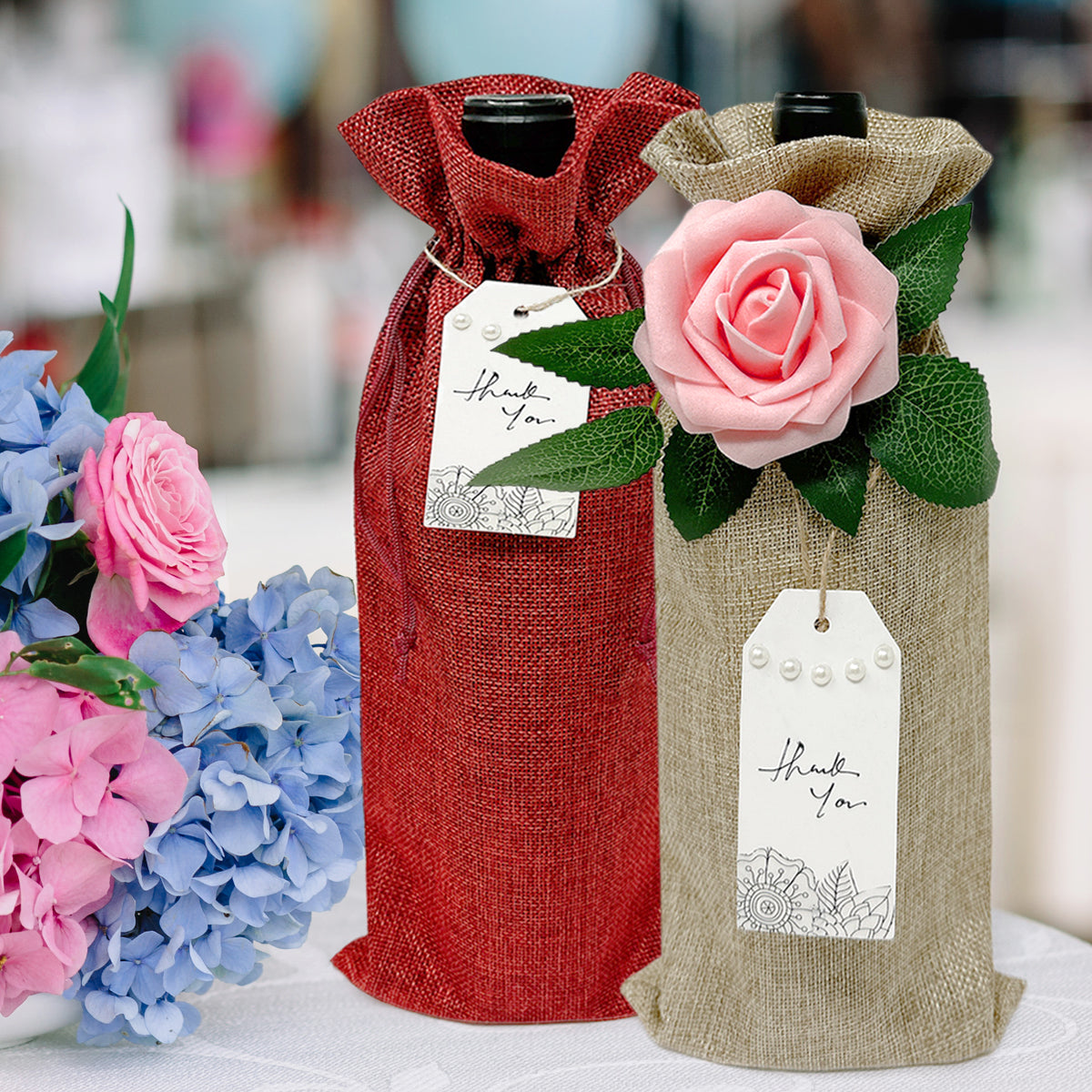 Wrapables Reusable Burlap Wine Bags, Rustic Gift Bags with Drawstring (Set of 8), Burgundy & Natural