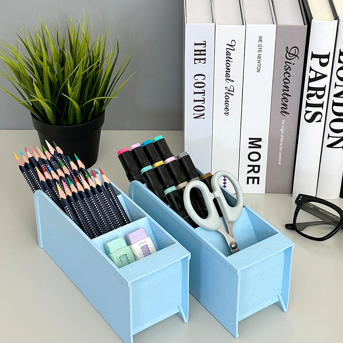 Wrapables Pen Organizer with 4 Compartments Desk Storage Organizer for Home, Office, Work, Large (2pcs) / Blue