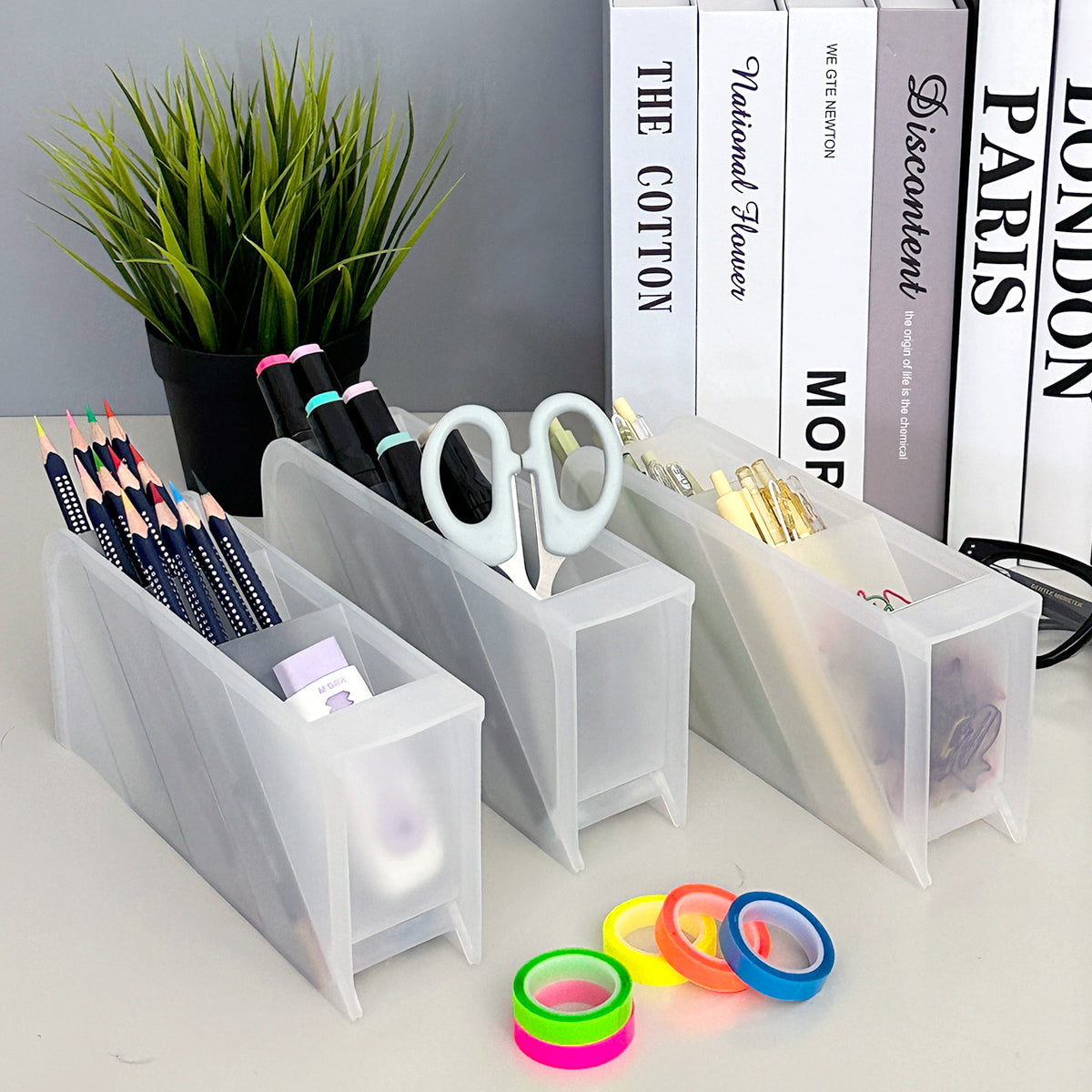 Wrapables Pen Organizer with 4 Compartments Desk Storage Organizer for Home, Office, Work, Small (3pcs) / Clear