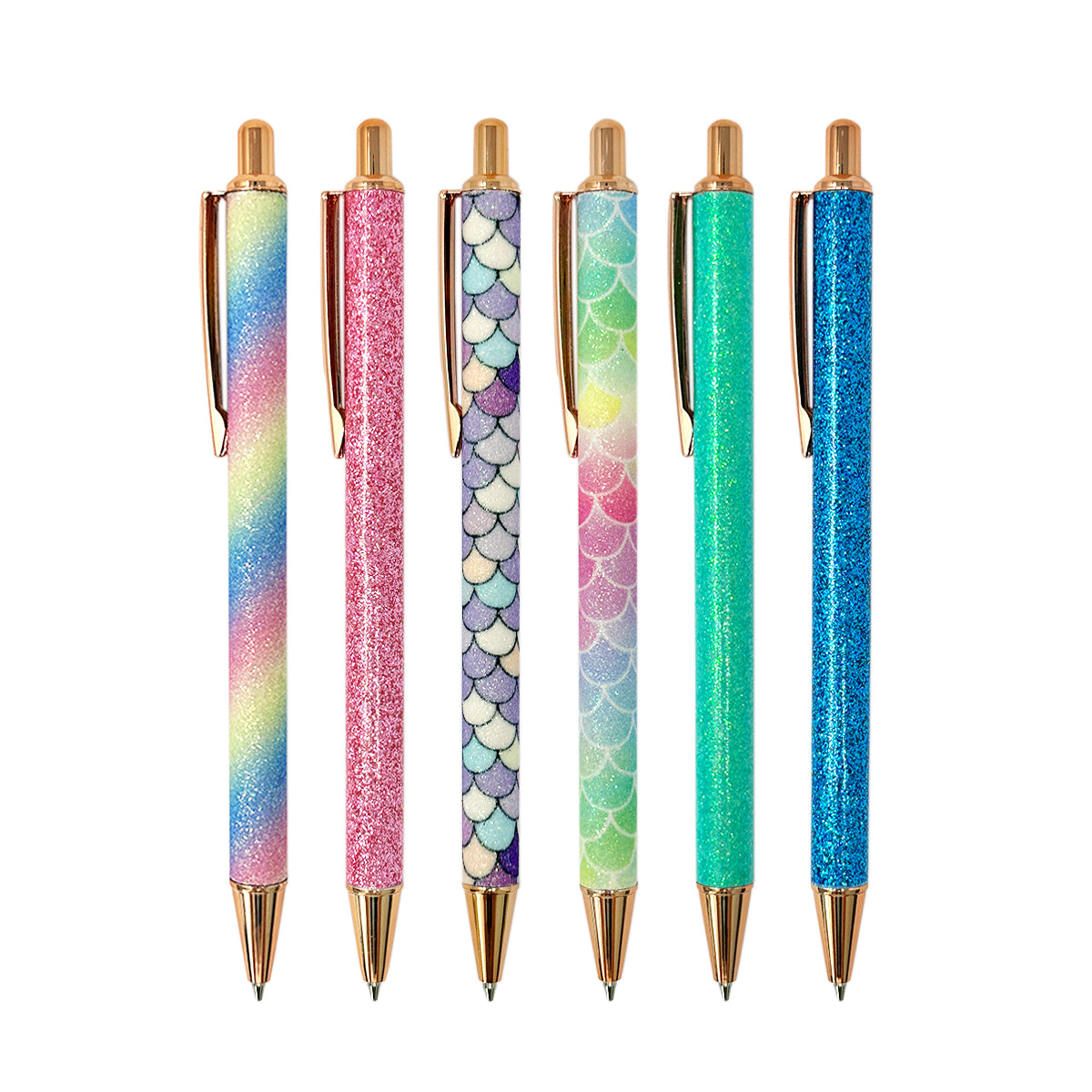 Wrapables Glitter Ballpoint Pens for Women, 1.0mm Medium Point Retractable Metal Pens (Set of 6)