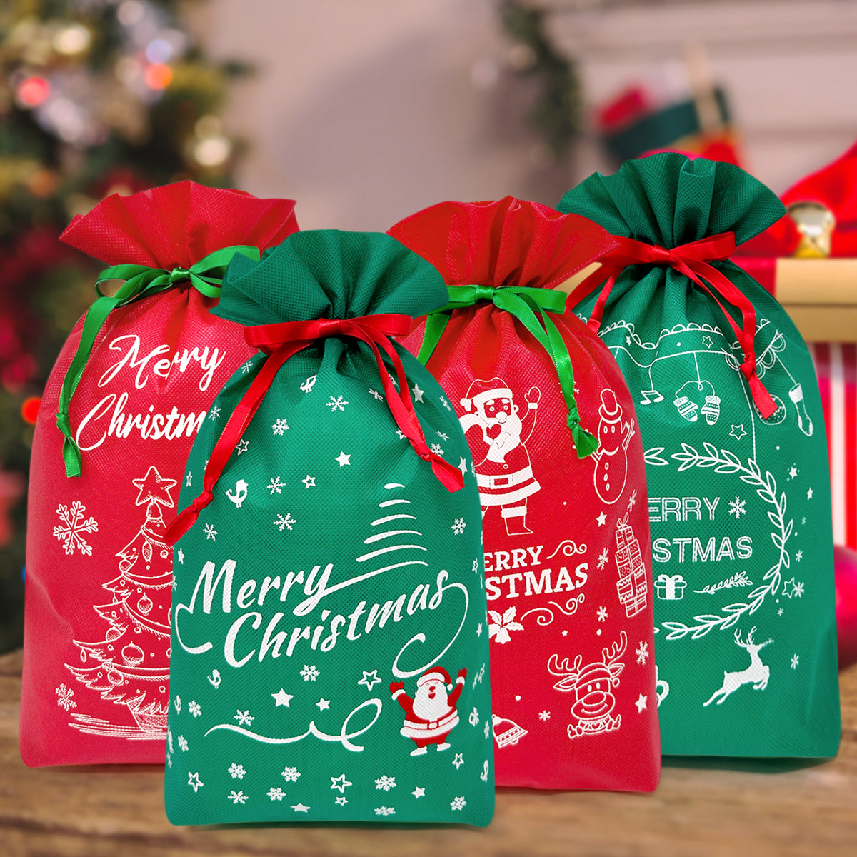 Wrapables Non-Woven Christmas Holiday Drawstring Gift Bags for Party Favors, Goodie Bag, Treats, Gift Wrap, Parties (Set of 8)