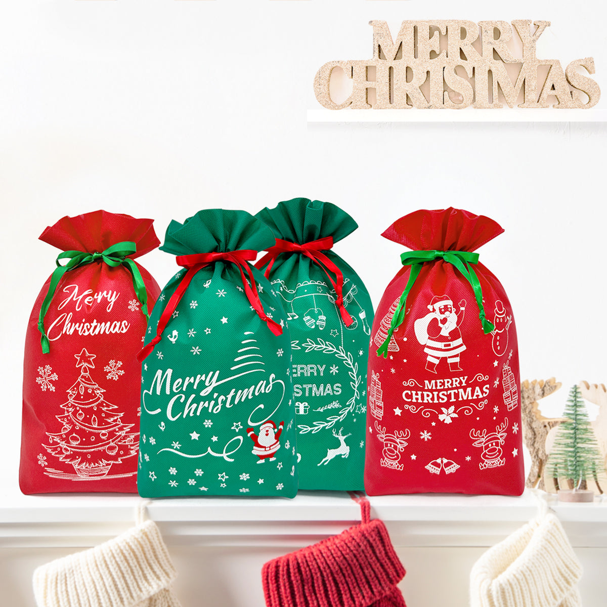 Wrapables Red & Green Christmas Holiday Drawstring Gift Bags (Set of 8)