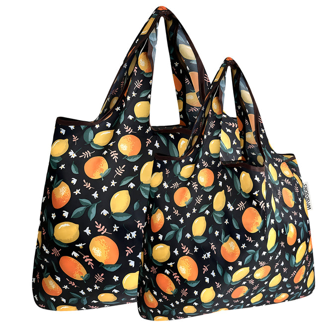 Wrapables Nylon Reusable Shopping Bags, Foldable Shopping Tote Bags, Reusable Grocery Bags, Travel Bags LS (set of 2), Set of 2, Oranges & Lemons