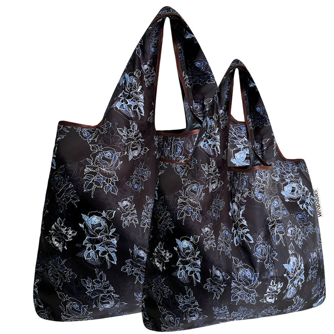 Wrapables Nylon Reusable Shopping Bags, Foldable Shopping Tote Bags, Reusable Grocery Bags, Travel Bags LS (set of 2), Set of 2, Black Rose Shadow
