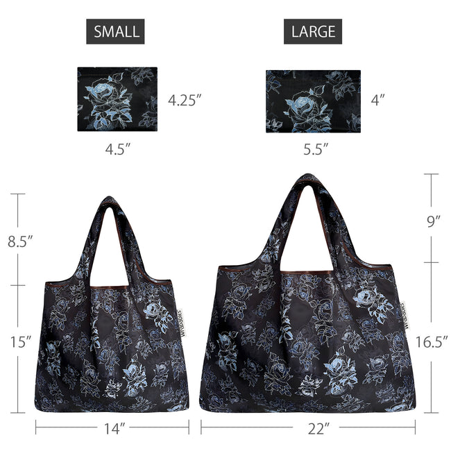 Wrapables Nylon Reusable Shopping Bags, Foldable Shopping Tote Bags, Reusable Grocery Bags, Travel Bags LS (set of 2), Set of 2, Black Rose Shadow