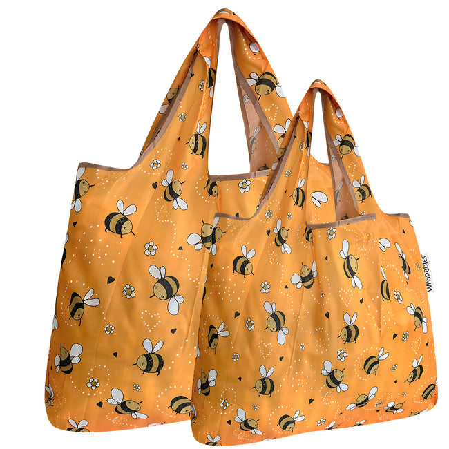 Wrapables Nylon Reusable Shopping Bags, Foldable Shopping Tote Bags, Reusable Grocery Bags, Travel Bags LS (set of 2), Set of 2, Yellow Bees