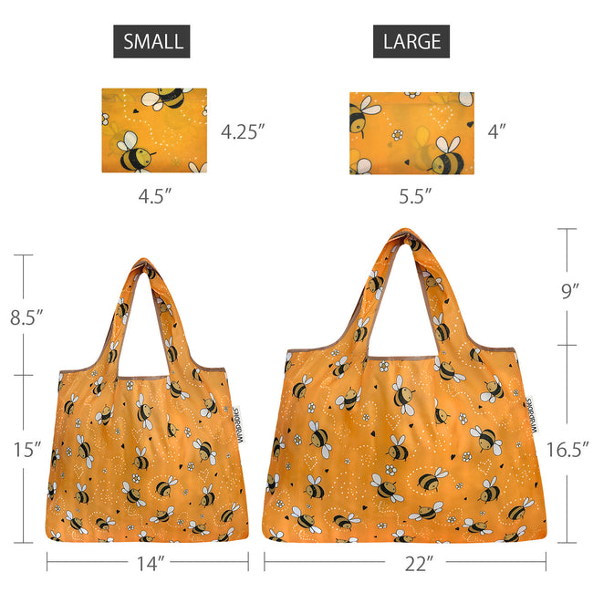 Wrapables Nylon Reusable Shopping Bags, Foldable Shopping Tote Bags, Reusable Grocery Bags, Travel Bags LS (set of 2), Set of 2, Yellow Bees