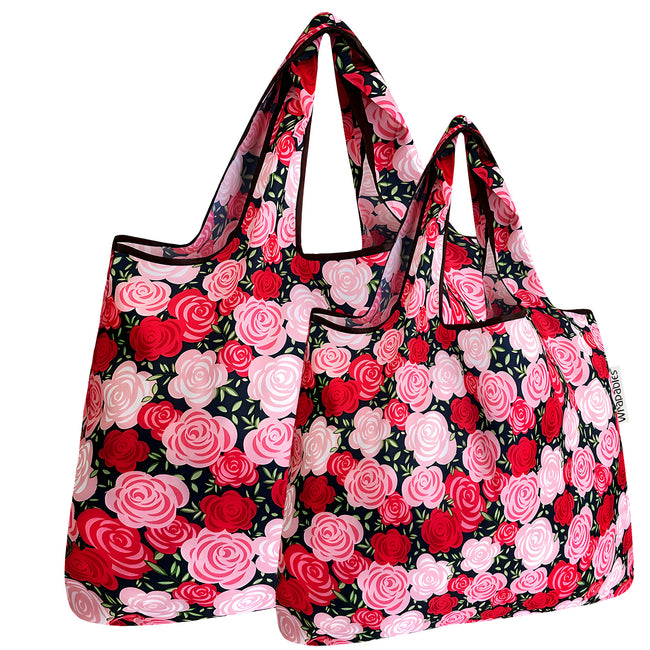 Wrapables Nylon Reusable Shopping Bags, Foldable Shopping Tote Bags, Reusable Grocery Bags, Travel Bags LS (set of 2), Set of 2, Pink Roses