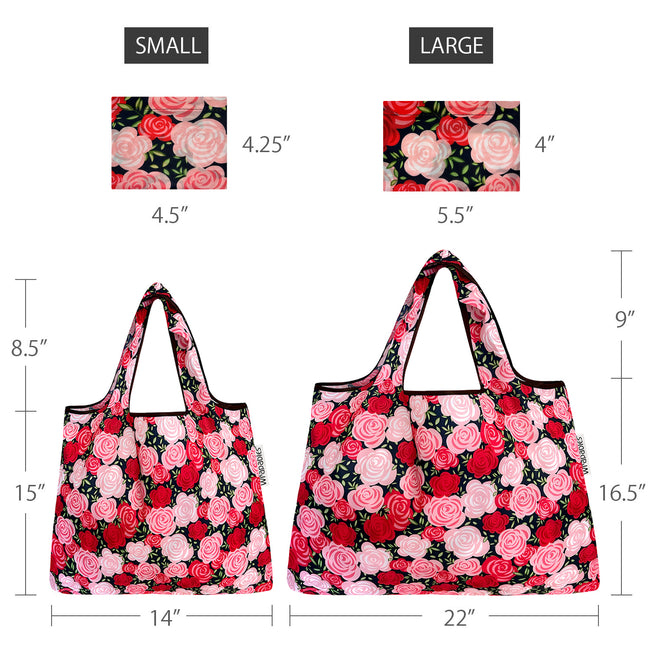 Wrapables Nylon Reusable Shopping Bags, Foldable Shopping Tote Bags, Reusable Grocery Bags, Travel Bags LS (set of 2), Set of 2, Pink Roses