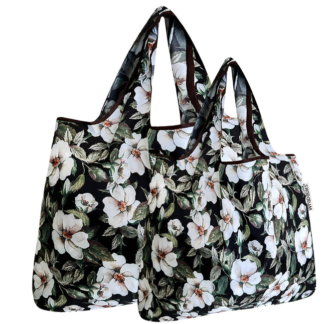Wrapables Nylon Reusable Shopping Bags, Foldable Shopping Tote Bags, Reusable Grocery Bags, Travel Bags LS (set of 2), Set of 2, White Pansies