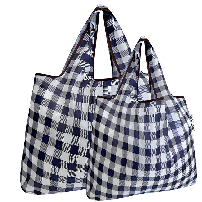 Wrapables Nylon Reusable Shopping Bags, Foldable Shopping Tote Bags, Reusable Grocery Bags, Travel Bags LS (set of 2), Set of 2, Black Checkers