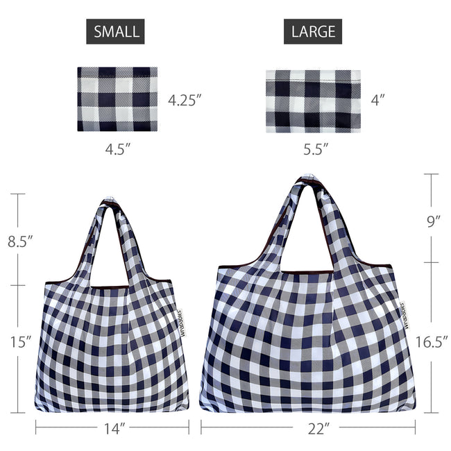 Wrapables Nylon Reusable Shopping Bags, Foldable Shopping Tote Bags, Reusable Grocery Bags, Travel Bags LS (set of 2), Set of 2, Black Checkers