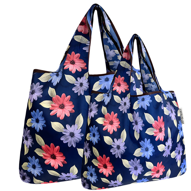 Wrapables Nylon Reusable Shopping Bags, Foldable Shopping Tote Bags, Reusable Grocery Bags, Travel Bags LS (set of 2), Set of 2, Colorful Daisies