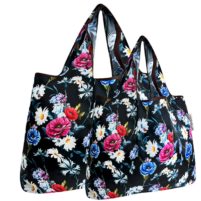 Wrapables Nylon Reusable Shopping Bags, Foldable Shopping Tote Bags, Reusable Grocery Bags, Travel Bags LS (set of 2), Set of 2, Midnight Bouquet