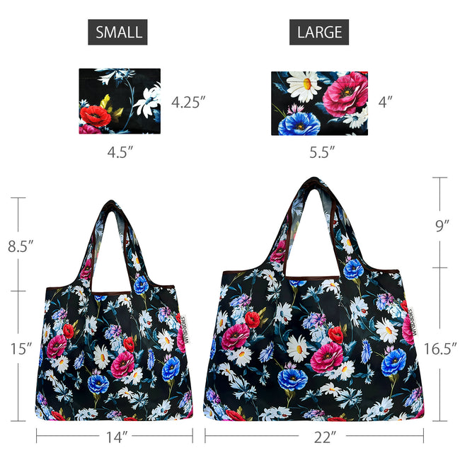 Wrapables Nylon Reusable Shopping Bags, Foldable Shopping Tote Bags, Reusable Grocery Bags, Travel Bags LS (set of 2), Set of 2, Midnight Bouquet