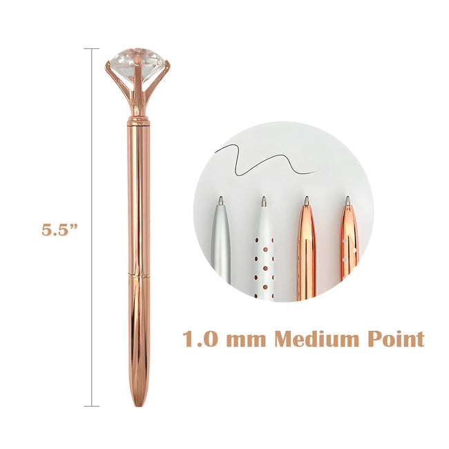 Wrapables Crystal Diamond Ballpoint Pens, 1.0mm Medium Point Wedding Pens with Refills (Set of 8 Pens + 8 Refills), Rose Gold, Dots, Silver