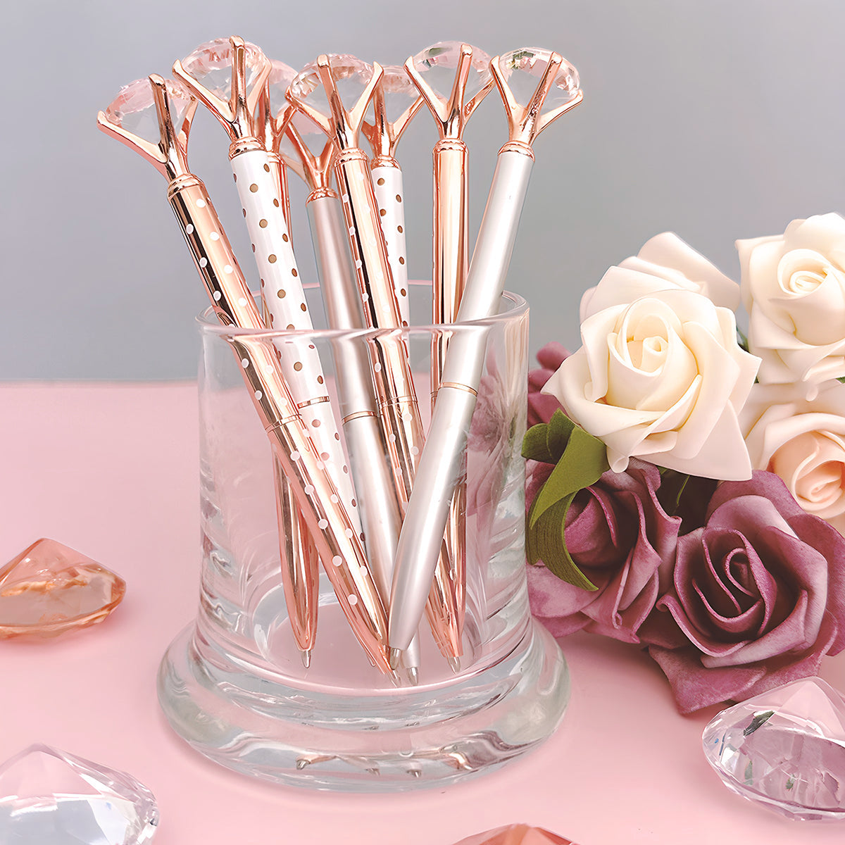 Wrapables Crystal Diamond Ballpoint Pens, 1.0mm Medium Point Wedding Pens with Refills (Set of 8 Pens + 8 Refills), Rose Gold, Dots, Silver